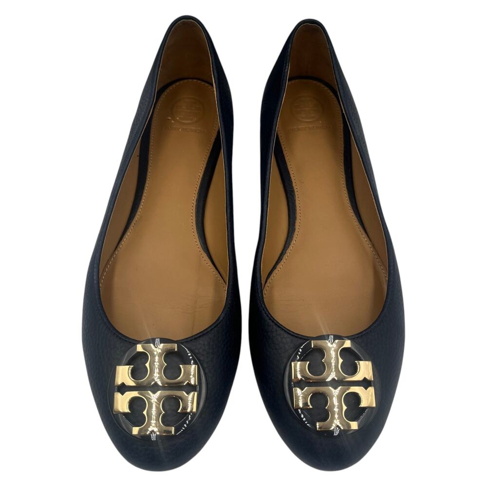 Tory Burch Eleanor Ballet Flat Navy Blue Leather Gold Double T Logo Sz 9